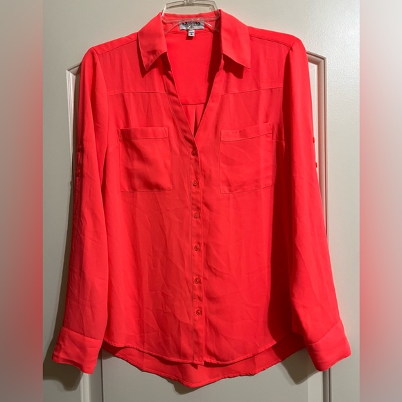 Express Tops - Express Portofino Women’s Coral Orange Long Sleeve Button Up Slim Fit Blouse SP